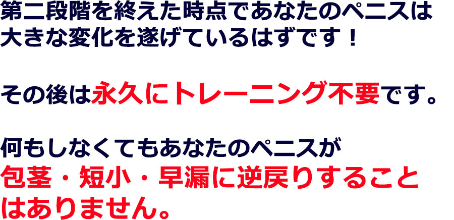 第2段階を終えた時点であなたのペニスは立派に成長しているはずです。その後のトレーニングは一切不要です。あなたのペニスが「包茎・短小」に逆戻りすることは二度とありません。